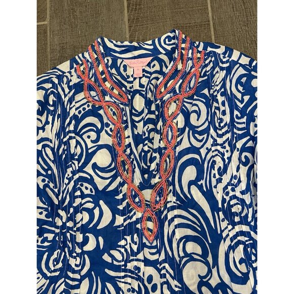 Lilly Pulitzer Sarasota Beaded Tunic Size Medium Cotton Blue V Neck Paisley - Picture 8 of 11
